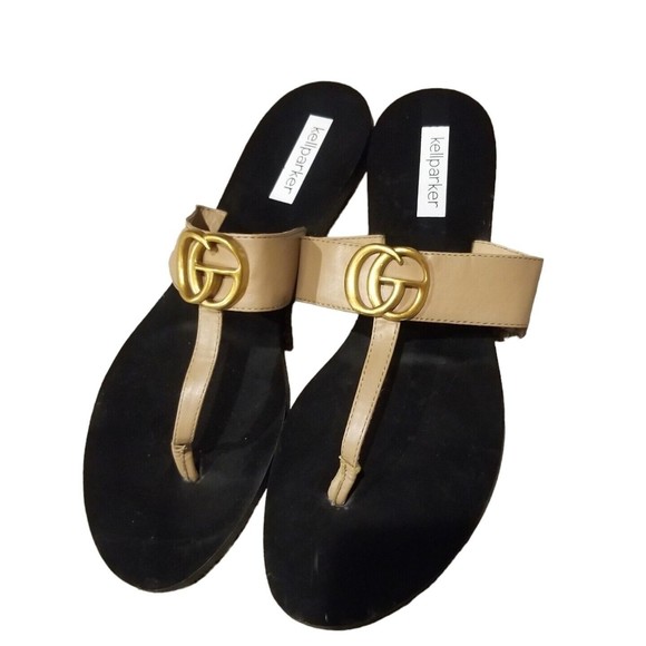 Kellparker Shoes - Kellparker Brielle Tan Sandals  Women’s Size 9.5 Gold GG Logo Embellishment Shoe